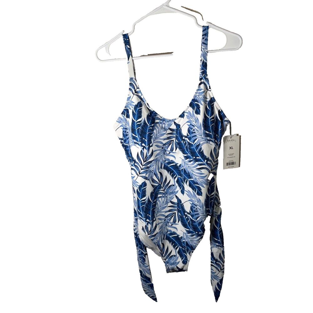 Nicole Miller One Piece Swim Suit Women's XL Blue Floral Tie Bathing Suit